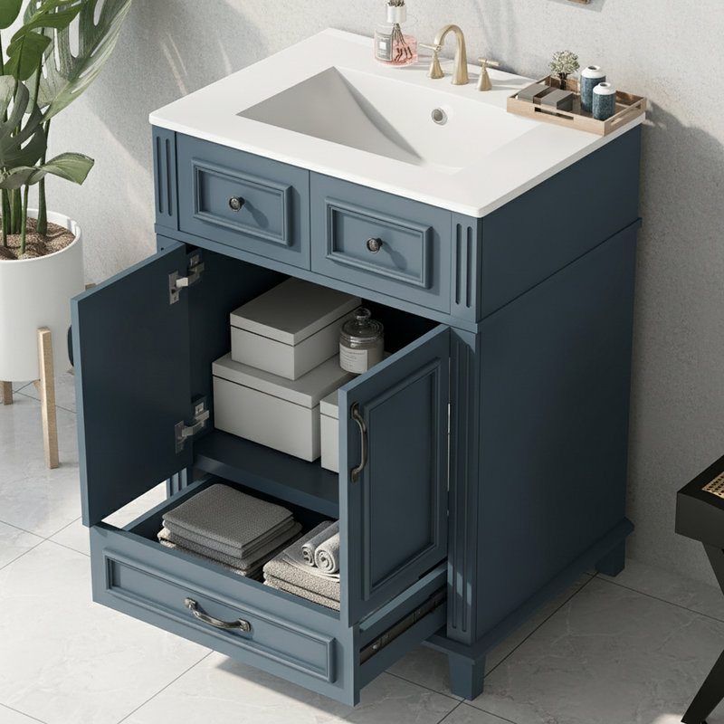 Bathroom Storage Cabinet With Ceramic Sink And Soft Closing Doors, Blue