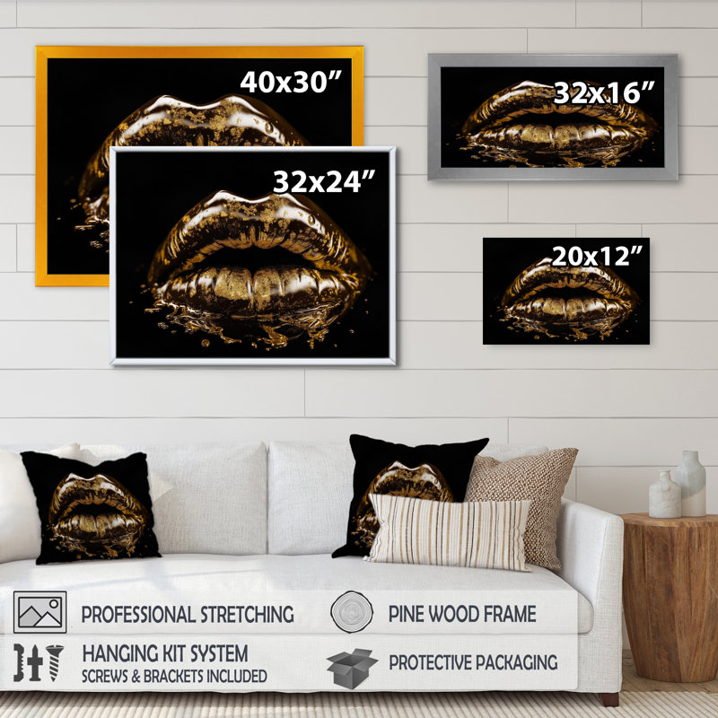«Gold Metallic Lips», reproduction sur toile encadrée, H 24 po x l 32 po x P 1 po, Toile tendue