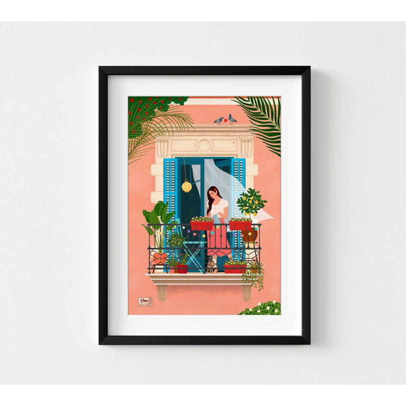 Balcon en fleur - impression d'art mural méditerranéen, H 10 po x l 8 po, Framed Print with Mat, Noir