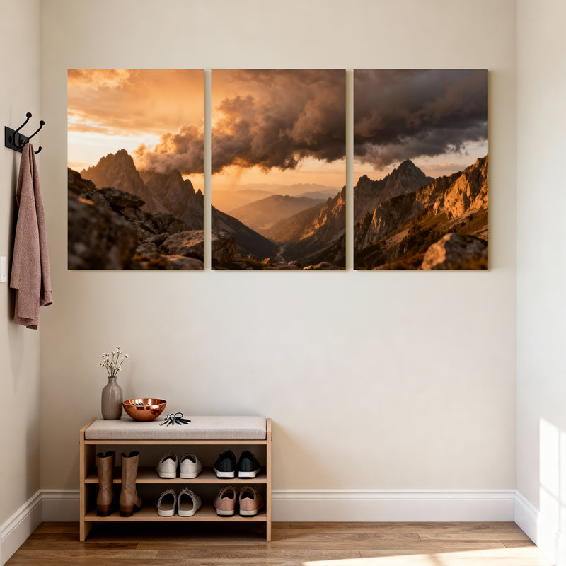 Scénario et paysages urbains, coucher de soleil sur la montagne, nuages, vallée, roches, ciel, réflexion, ensemble de 3 impressions sur toile
