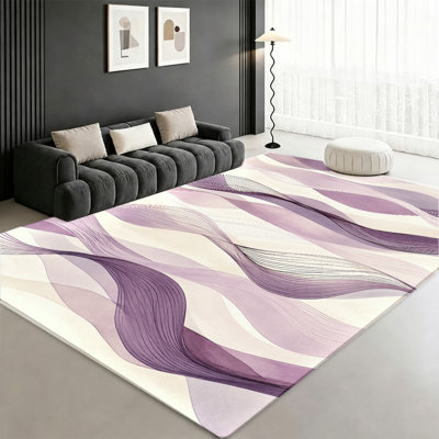 Tapis d'intérieur lavable en machine à motifs abstraits tourbillonnants avec envers antidérapant, dégradé violet et crème, idéal pour le salon, la chambre à coucher, l'entrée, la cuisine, le balcon ou un appartement.