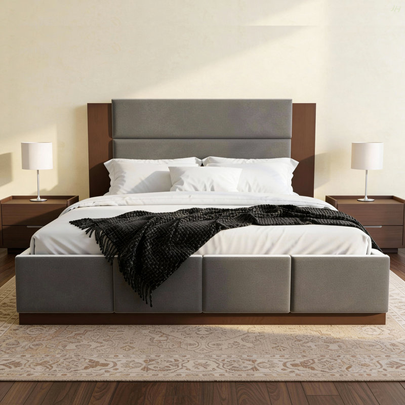 Structure de lit plateforme tapissier avec tête de lit en bois allongée, lit moderne avec base en bois, Grand lit, Gris