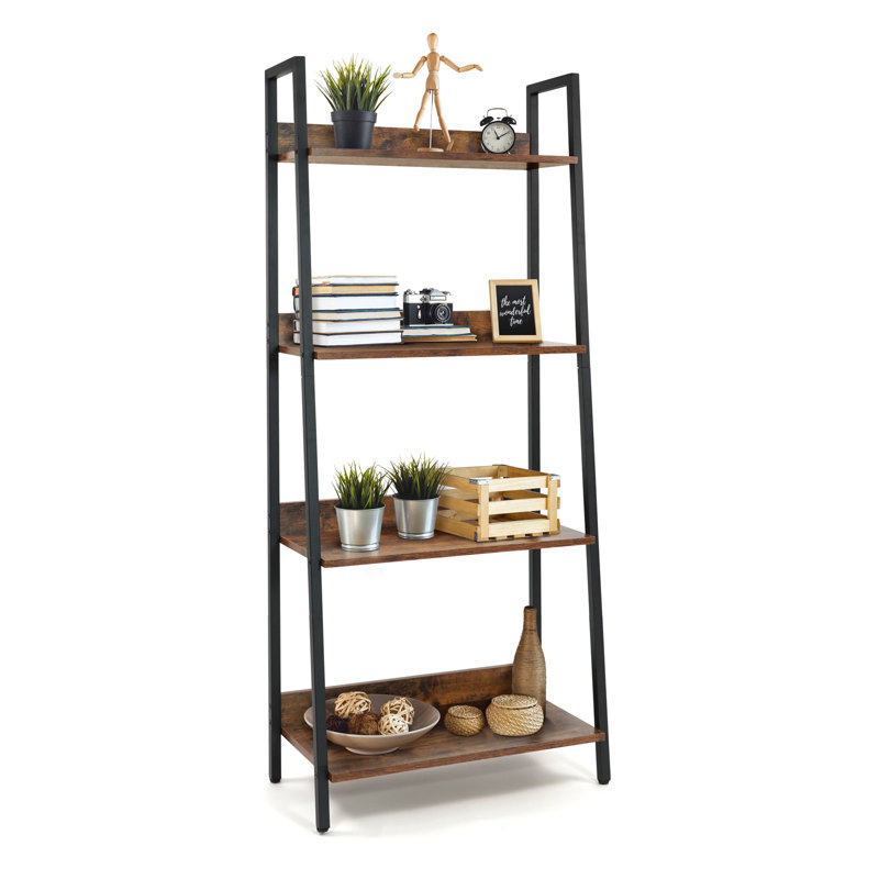 4 Tier Ladder Bookshelf, Bookcase Shelf Storage Rack Organizer, Rustic Oak, Rustic Oak/Matte Black