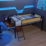 Metal Loft Bed With Rectangular Desk, Led Loft Bed Frame Double Bed With Storage Shelves, Safety Guard And Ladder