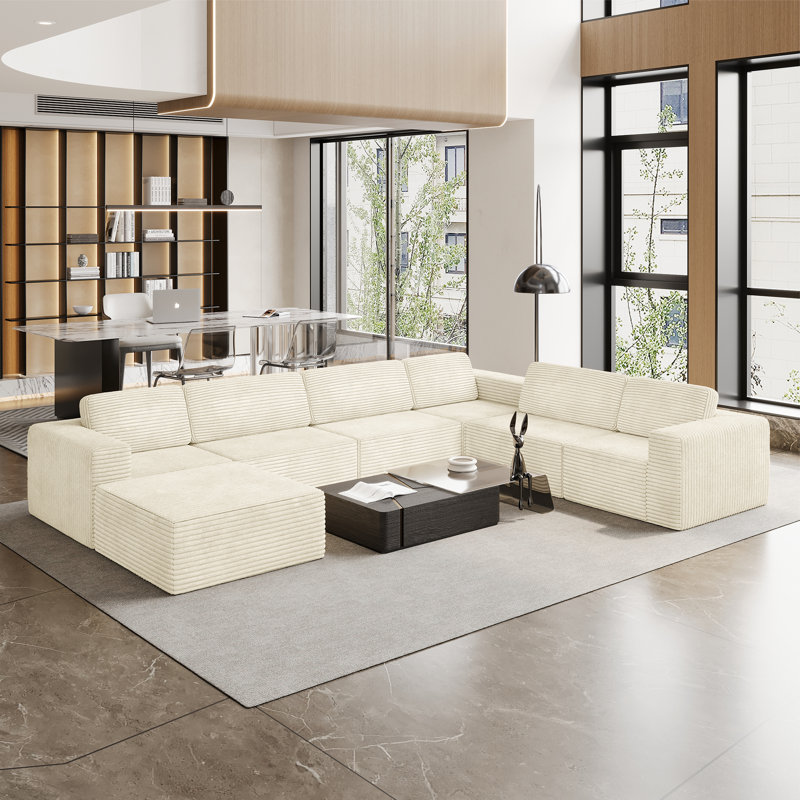 Modular Oversized 404Cm 6-Seater Right-Facing L-Shaped Corduroy Sofa, No Assembly Required   , Beige