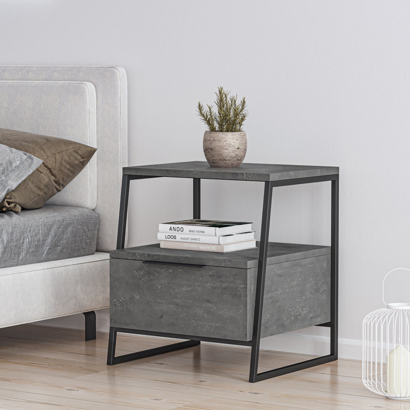 Catinna 1 Drawer Bedside Table | Modern Nightstand with Open Shelf, Retro Gray