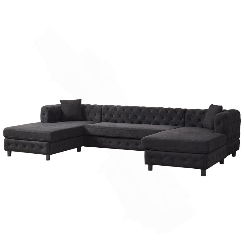 Pull Point Design U-shaped Sofa Sectional Sofa Couch, Black Chenille