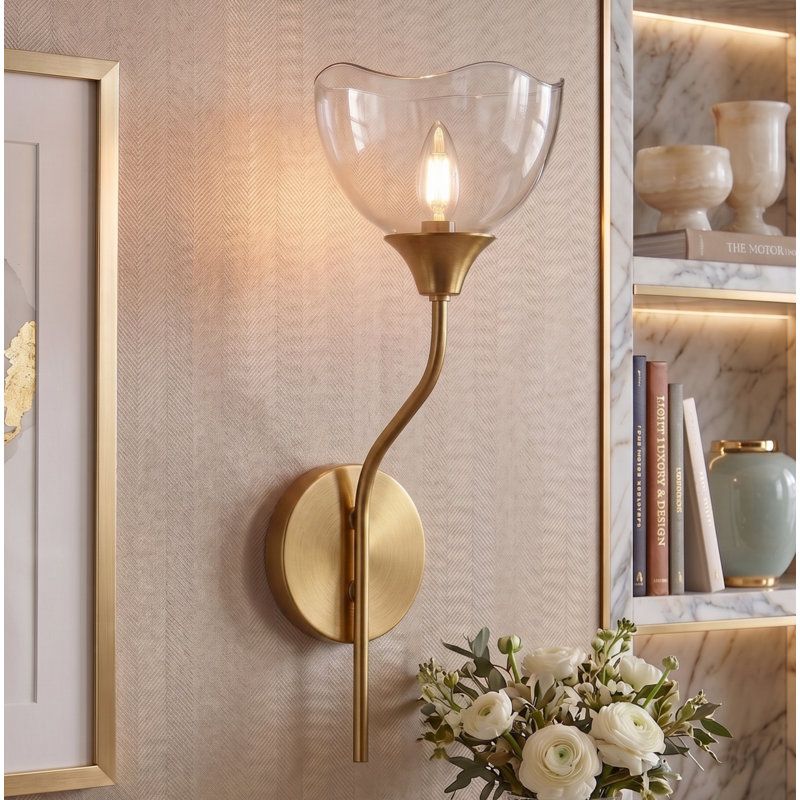 Dimmable Metal Wall Sconces with Petal Shaped Glass Shade, Polished Gold