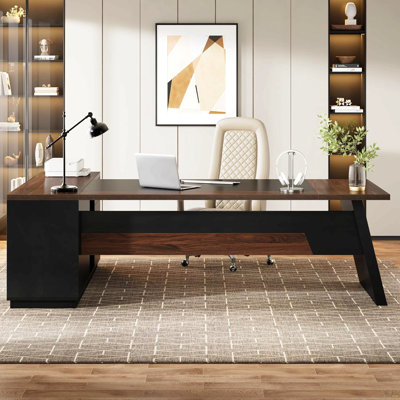 Bureau de direction en L 78,7 po avec classeur et tiroirs, grand poste de travail d'ordinateur moderne avec tablettes de rangement, noyer foncé et noir