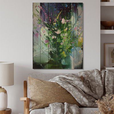 Fleurs abstraites jaunes et vertes II - peinture sur bois sans cadre