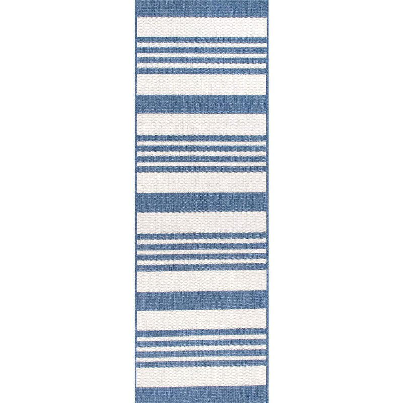 Soraya Power Loom Striped Blue Indoor/Outdoor Patio Rug, Runner 2' x 6'
