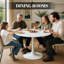 Table de salle à manger ronde blanche moderne avec un piètement robuste à une seule colonne, idéale pour les petits espaces de vie et les cuisines.-372547894-372547888
