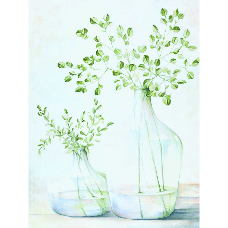 Vases en verre avec verdure - impression sur toile tendue, H 16 po x l 12 po