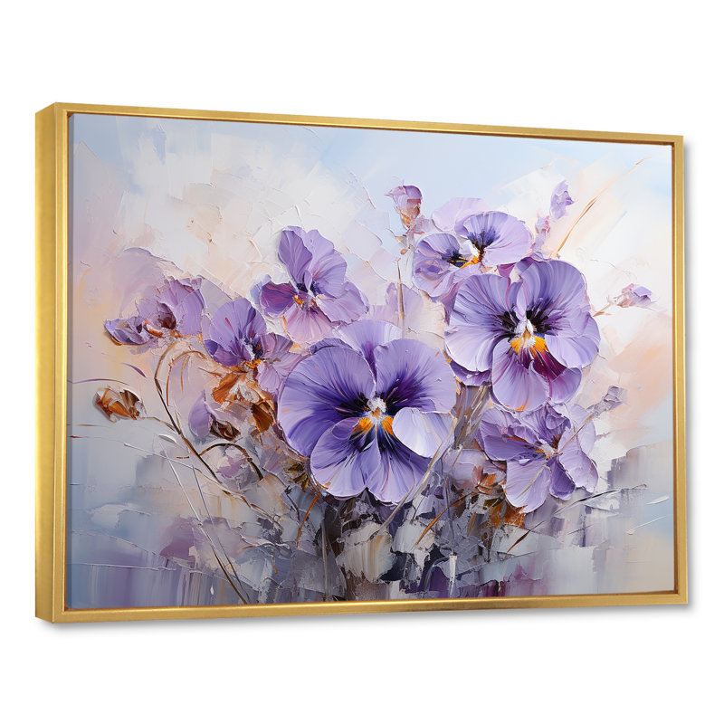 «Mauve Pensies Effloresince II», art mural Pensies, Cadre flottant doré, H 30 po x l 40 po x P 1,5 po
