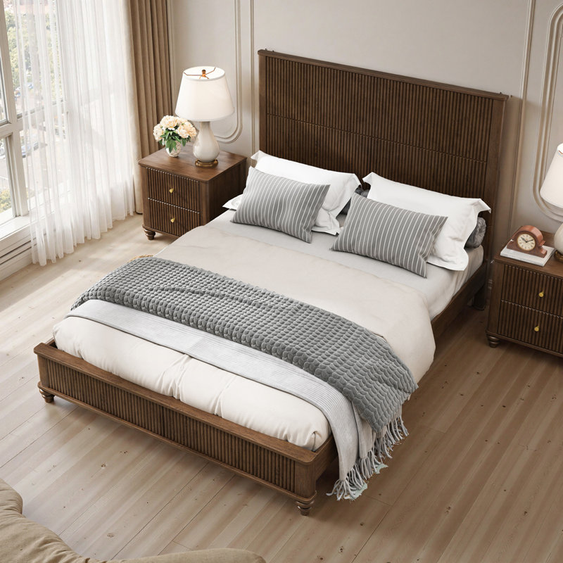 Solid Wood Bed Frame with Tall Headboard, Walnut, Queen