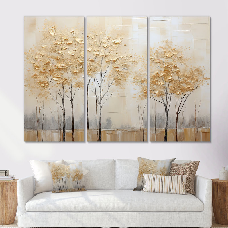 Minimalisme Golden Trees Tranquility I - ensemble d'art sur toile, Toile tendue, H 40 po x l 60 po