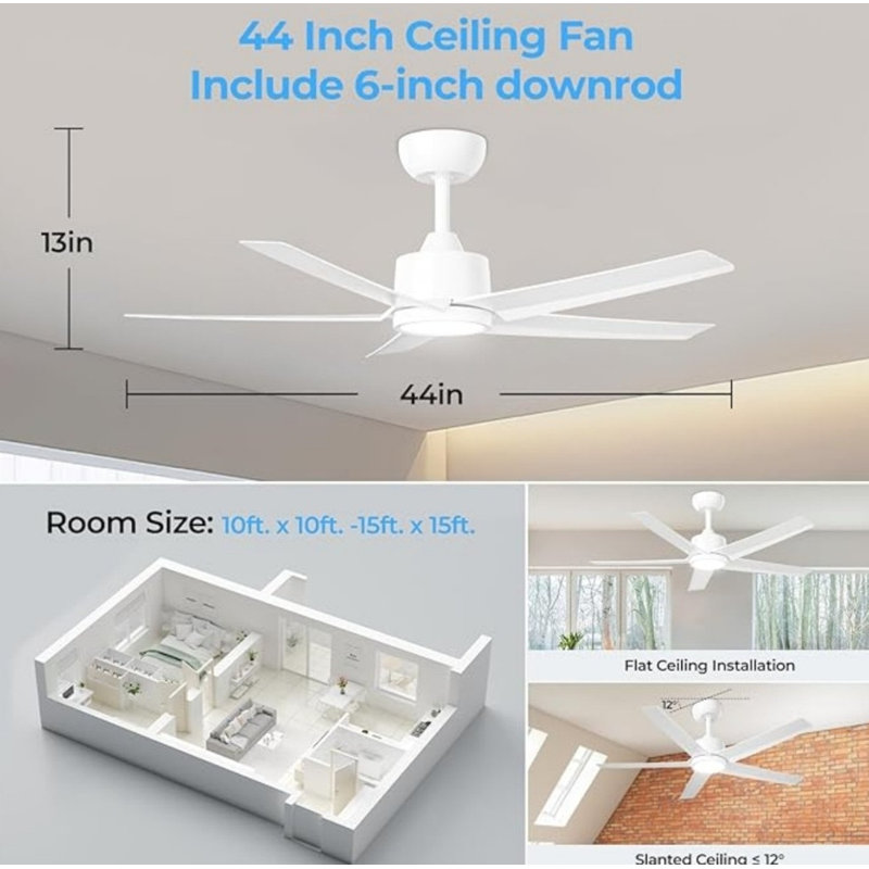 44 Inch Ceiling Fan with Integrated LED Light, Large Airflow Reversible Quiet DC Motor with Hand Remote Control, Indoor Ceiling Fan for Living Room Bedroom