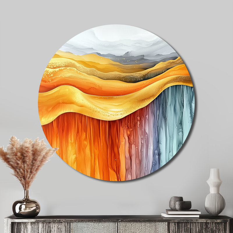 «Chrome Dance of Silent liquid Ink I», art mural rond à formes modernes, H 29 po x l 29 po