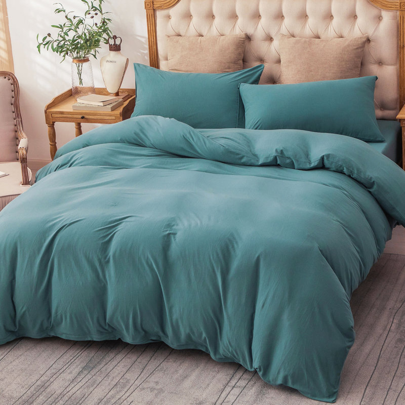 HOME BEDDING Jersey Cotton Duvet Cover Set, Full Duvet Cover + 2 Standard Shams, Teal Green