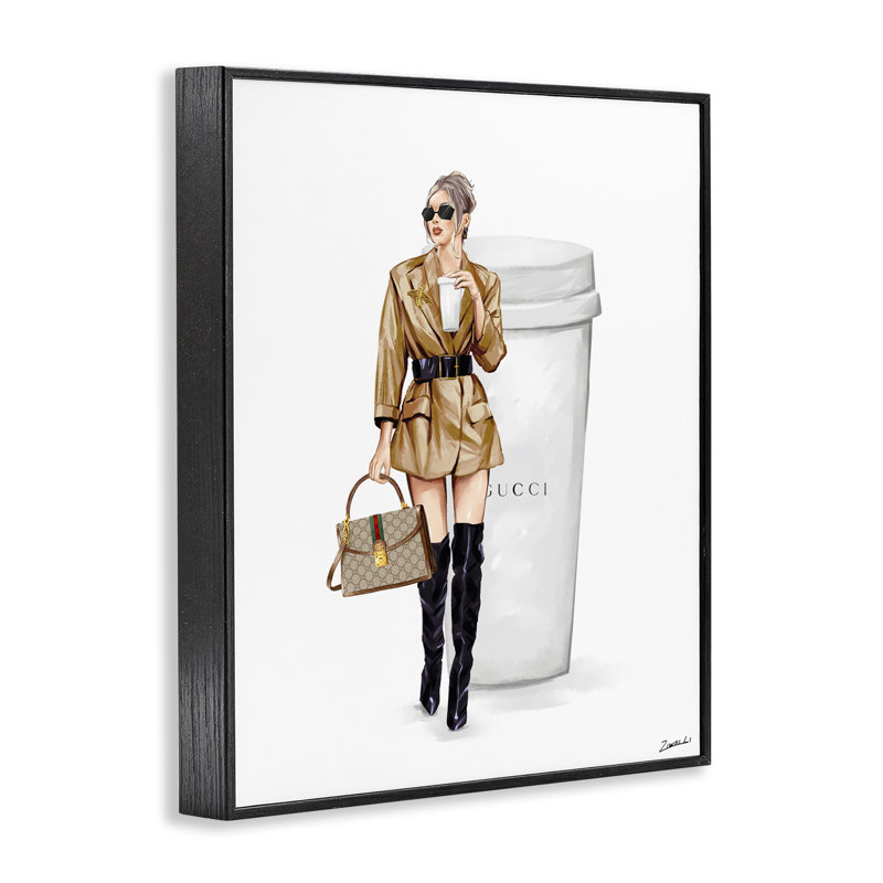 Art sophistiqué de giclée pour fille et café par Ziwei Li, H 30 po x l 24 po, Giclée encadrée noir minuit