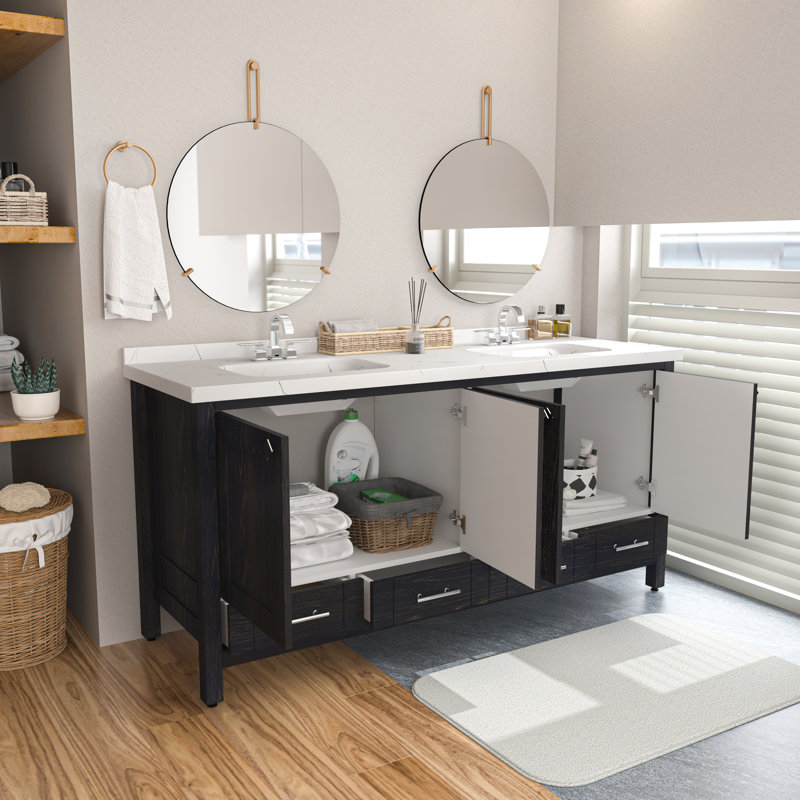 Meuble-lavabo double autoportant 71 po avec plateau en marbre d'ingénierie Edlefsen, Bleu foncé