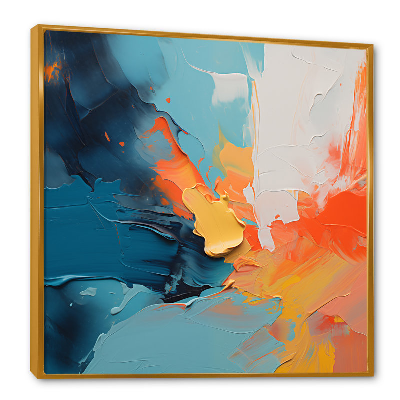 «Blue and Orange Paint Expression 3», art mural abstrait, Cadre flottant doré, H 36 po x l 36 po x P 1,5 po