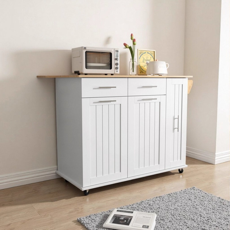 K&K Kitchen Island with Drop Leaf, Mobile Storage Cart with 3-Tier Pull-Out Organizer, Internal Racks, 2 Drawers, Towel Rack, and Lockable Wheels - White