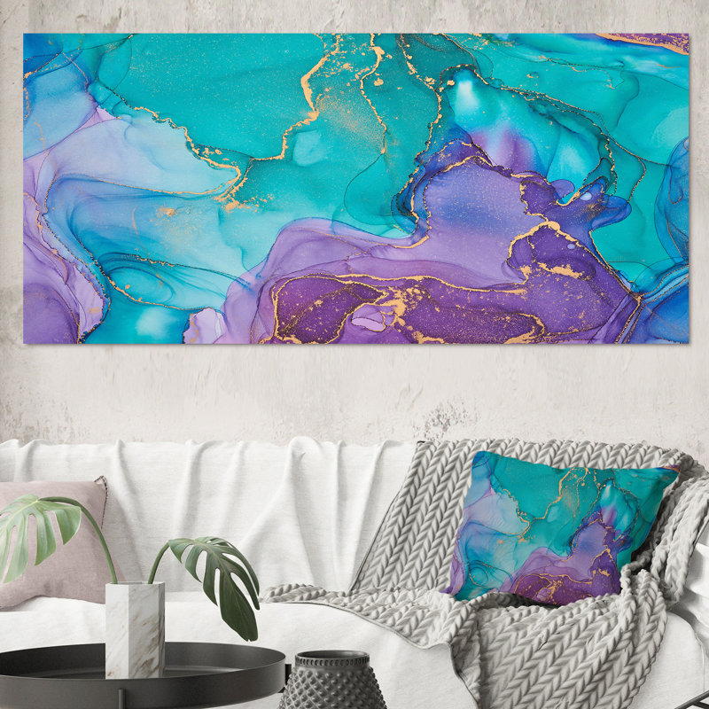 Turquoise et mauve liquide Art I - impression d'art moderne sur toile, H 28 po x l 60 po, Toile tendue