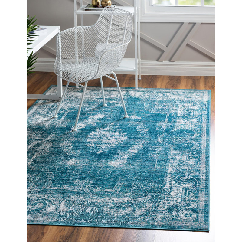 Tapis bleu à motif floral Dota, Rectangle 10 pi x 13 pi 1 po