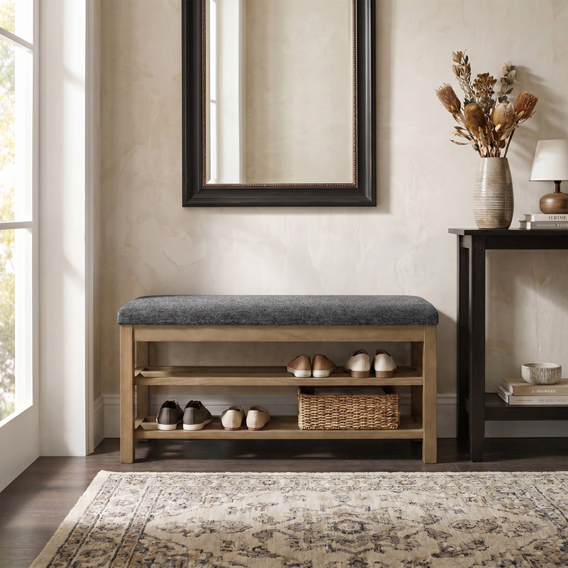 Upholstered Storage Bench with 2-Tier Shoe Rack, Black