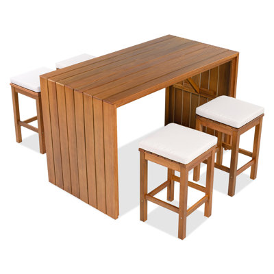 Ensemble de bar d'extérieur 5 pièces, table de bar en bois d'acacia de patio et quatre tabourets avec coussins, ensemble de bar de salle à manger en bois pour cour, bord de piscine, balcon, coussin beige et bois naturel