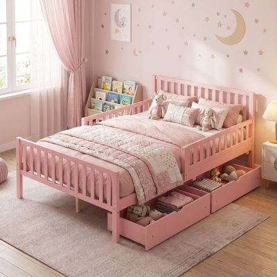 Lit plateforme en bois massif pour enfants, lit pour tout-petits avec barrières de sécurité des deux côtés et 2 tiroirs de rangement intégrés, cadre de lit en bois massif, rose, sommier non requis
