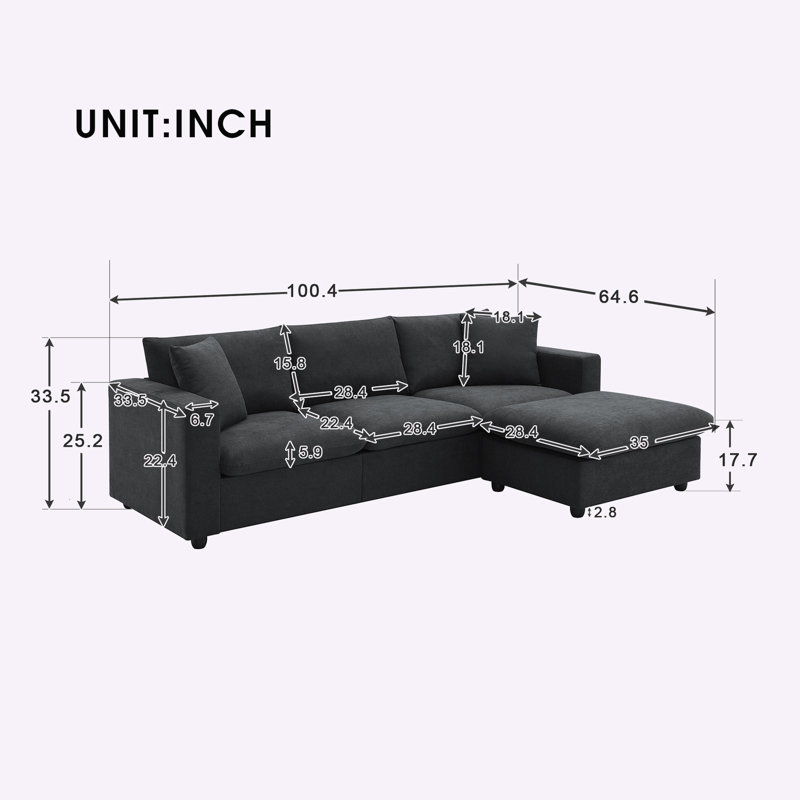 Khiyan Upholstered L-Shaped Sectional Reversible, Black 100% Polyester