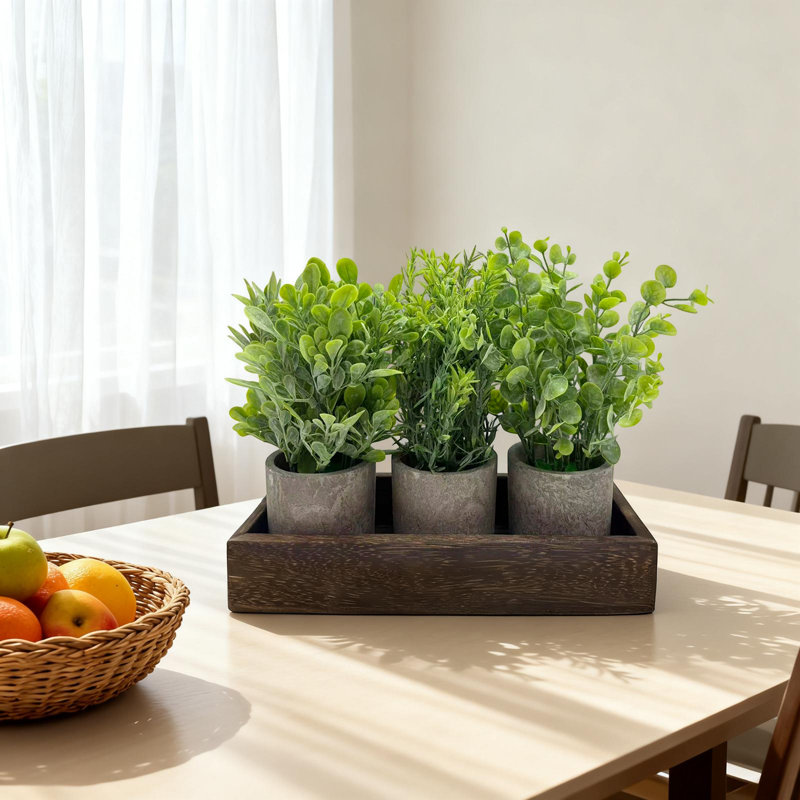 Ensemble de 3 pièces en eucalyptus artificiel et romarin, centre de table rustique en faux artificiel avec tambour à pulpe et plateau en bois pour la cuisine, la table basse et le bureau