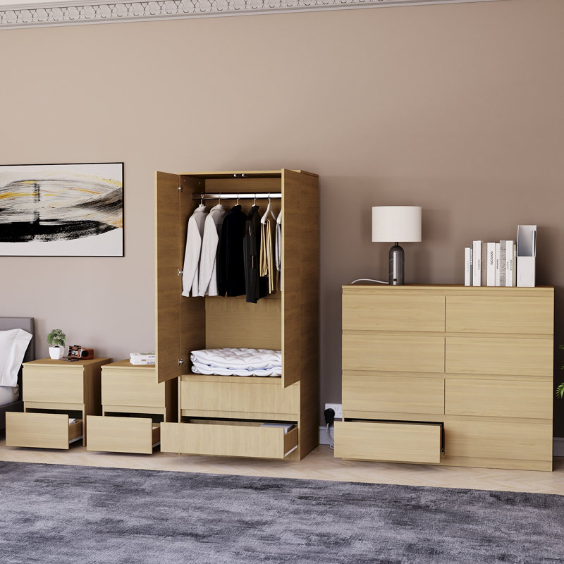 Tanino 4 Piece Bedroom Set (2 Drawer Large Bedside Chest X2, 8 Drawer Chest, 2 Door 2 Drawer Wardrobe), Beige