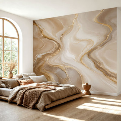 Papier peint adhésif mural beige, toile abstraite en marbre, peinture abstraite, ligne dorée, papier contact amovible et adhésif pour salon, chambre à coucher H 69 po x l 96 po