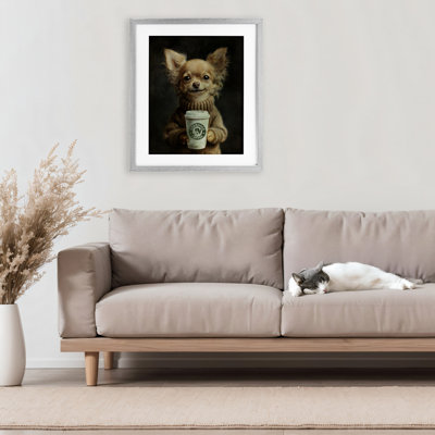 Espresso Pup in Cozy Sweater Framed Print Under Glass, design by Svetlana Aleynikova