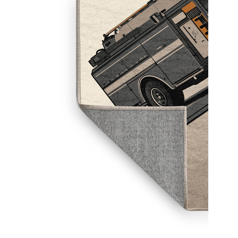 Machine Washable Potts Fire Truck Modern Rug in Beige – Beige Binding, 2x5