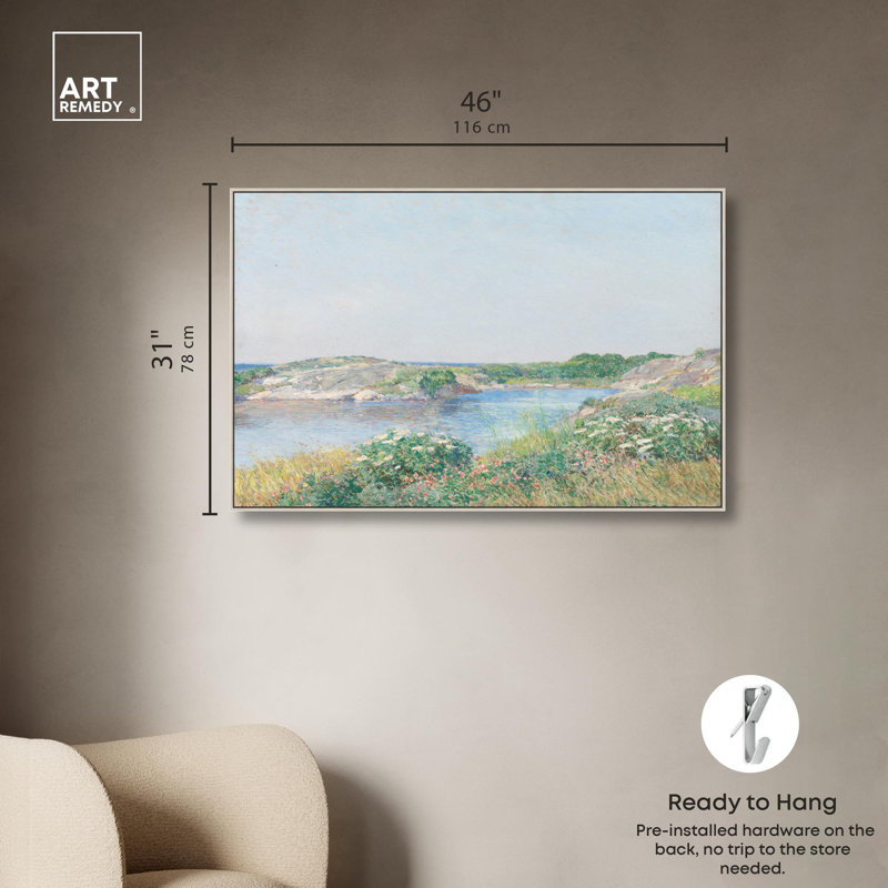 «The Little Pond Canvas Classic Landscape» par Art Remedy, Encadrement argenté, H 31 po x l 46 po
