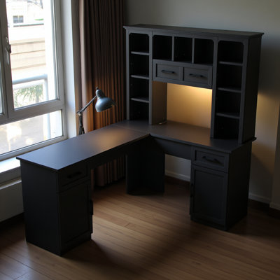 Bureau d'ordinateur en L avec 2 armoires et 2 tiroirs sous la table, 11 tablettes ouvertes et une tablette rabattable avec rangement sur le côté droit, convenant pour le bureau, le salon et le bureau, noir
