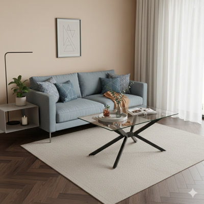 39.37" Rectangular Clear Tempered Glass Coffee Table, Stylish Design With Black Metal Legs, Coffee Table For Living Rooms