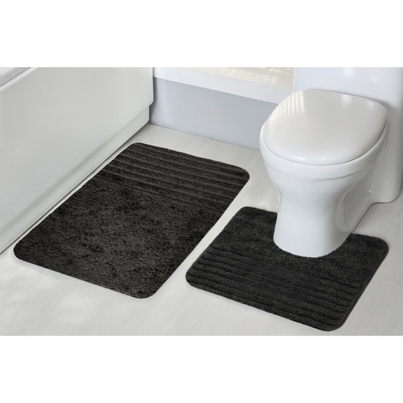 Chenille Soft High Density Anti Slip Linear Bath Mat Set, Black