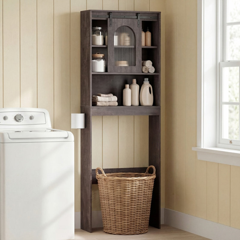 Armoire de rangement suspendue au-dessus des toilettes avec porte coulissante de style grange et étagères ouvertes, Brown