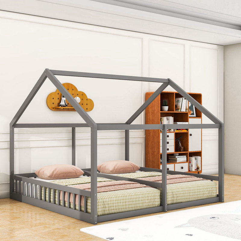 Lit plateforme simple et simple avec garde-corps et lattes, Gris