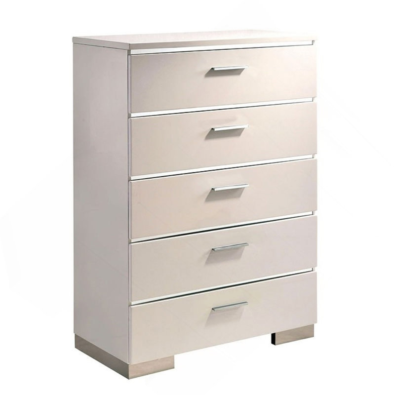Commode 1 pièce à cinq tiroirs de style contemporain avec accents chromés blanc brillant et finition chromée