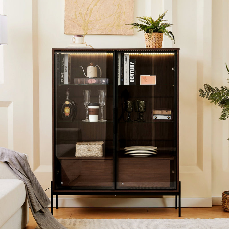 Lighted Display Cabinet With Tempered Glass Door And Metal Legs, Accent Storage Cabinet For Indoor, Dark Walnut