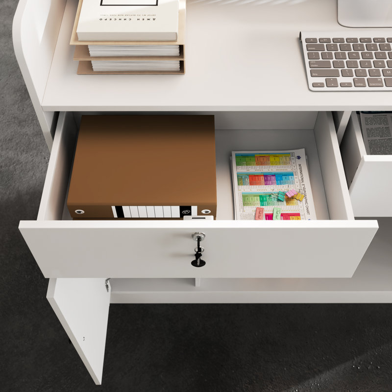 White Workbench Desk With Pegboard & Lockable Drawers, Multi-Use Storage Table For Home Office & Garage