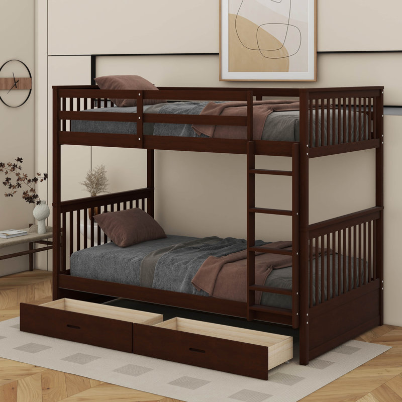 Lit superposé avec échelle et tiroirs de rangement, Simple sur simple, Espresso