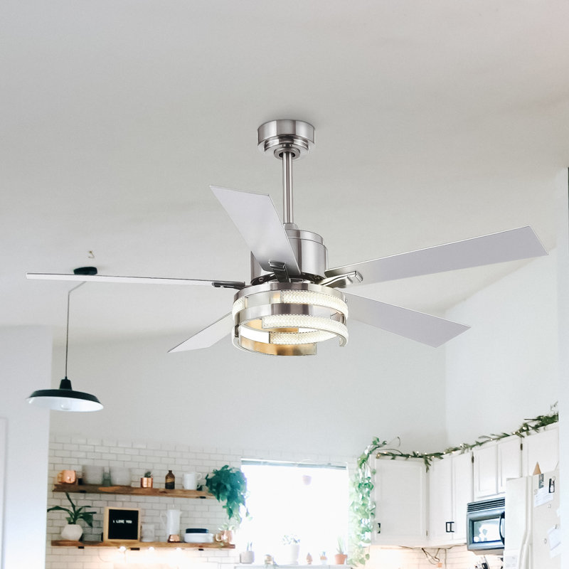 Ventilateur de plafond 52 po à 5 pales en cristal DEL avec télécommande et ensemble d'éclairage inclus, Nickel satiné