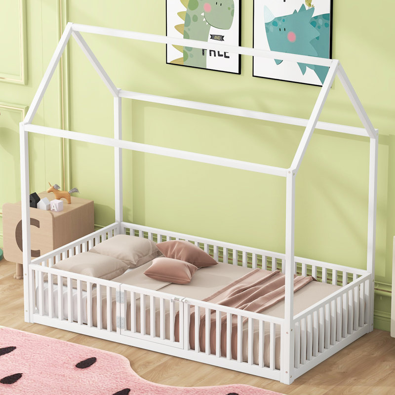 Metal House Bed With Fence, Twin, White